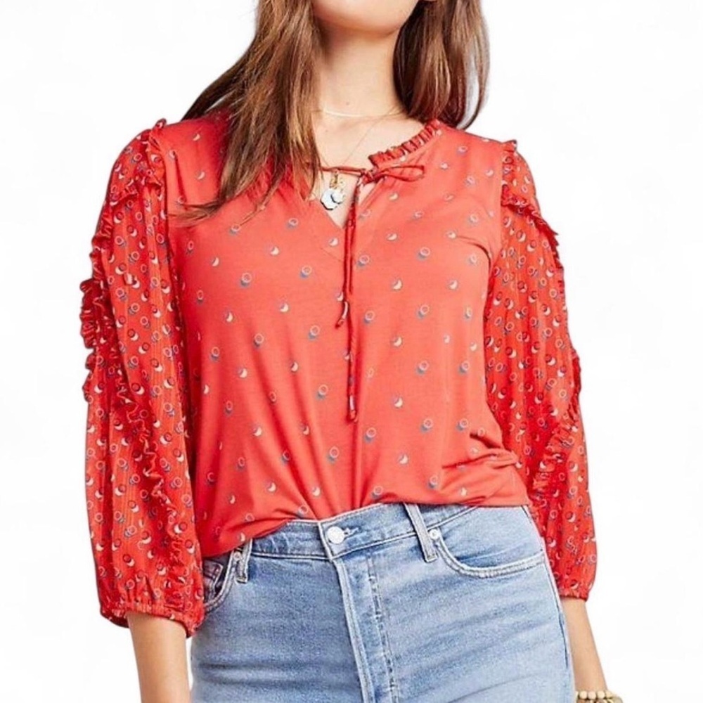 Maeve by Anthropologie Coral Tie-Front Printed Puff Sleeve Blouse